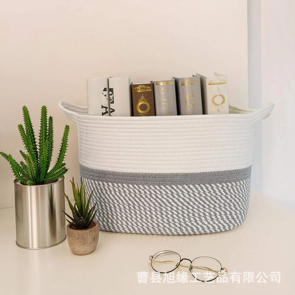 

Dirty clothes laundry basket, cotton thread woven cotton rope woven basket with cover, storage basket, three color splicing