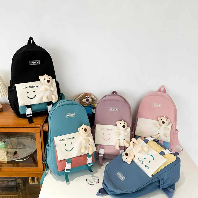

Student Bag Large Capacity Cute Female Middle and High School Plush Bear Contrast Color Load Reduction Backpack Schoolbag