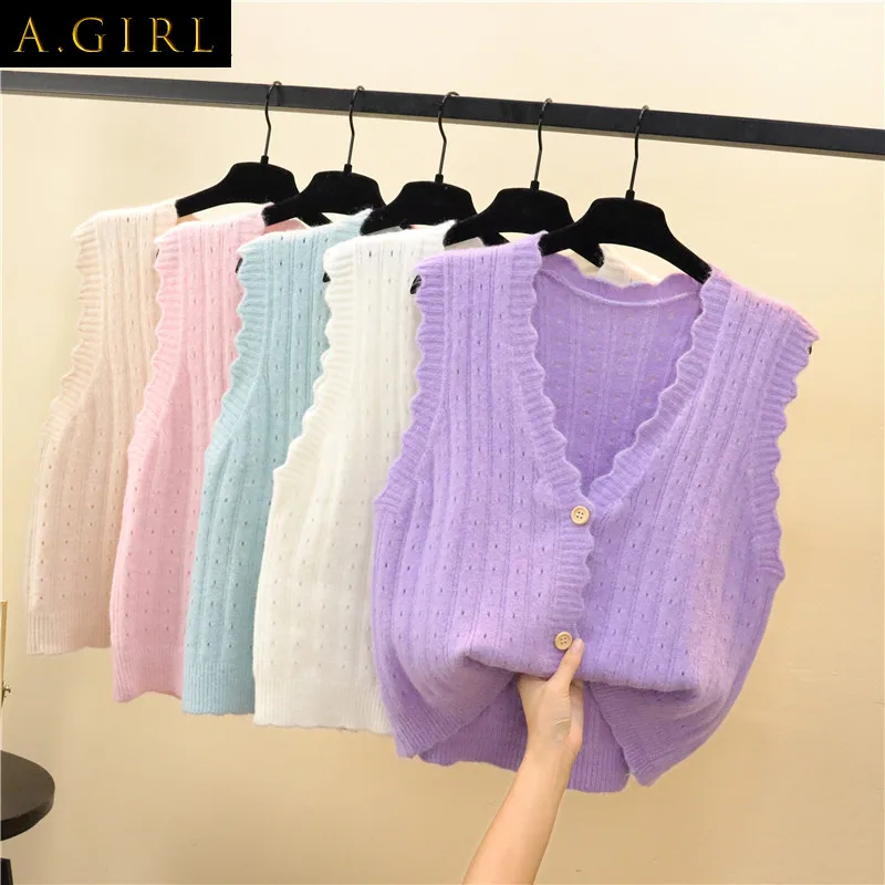 

Sweater Vest Women Hollow Out Single Breasted Cropped Solid Simple Sweet Mujer Spring 5 Colors Tender Clothing Soft Ladies New