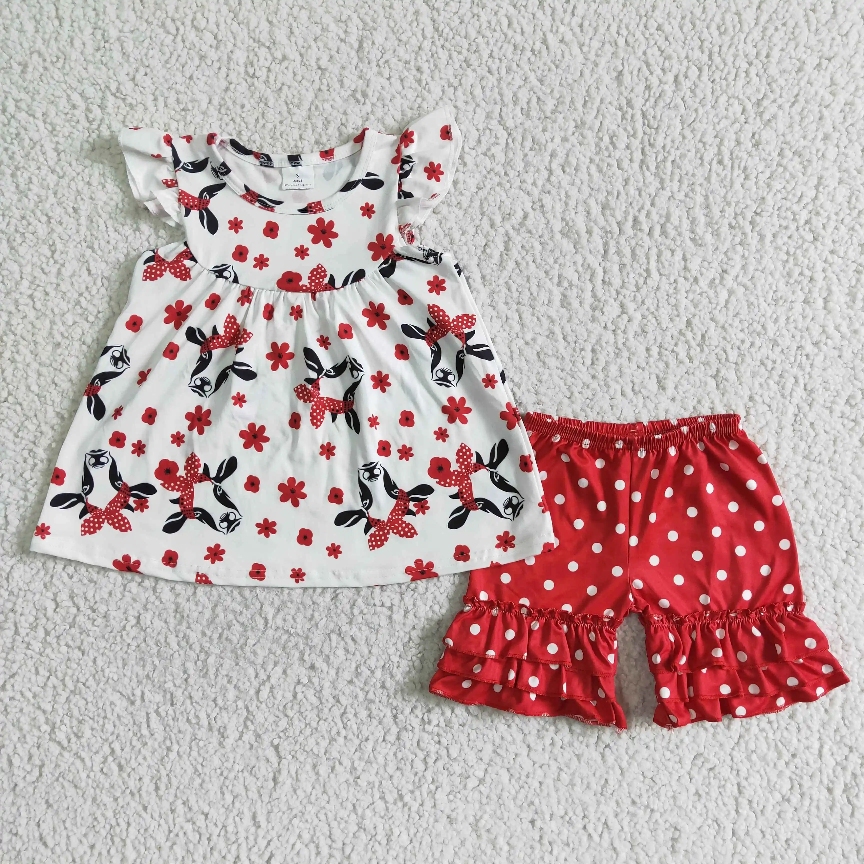 

Boutique girls' clothing sets farm cow cattle shirt with shorts two piece set flower red dots kid clothing RTS NO MOQ