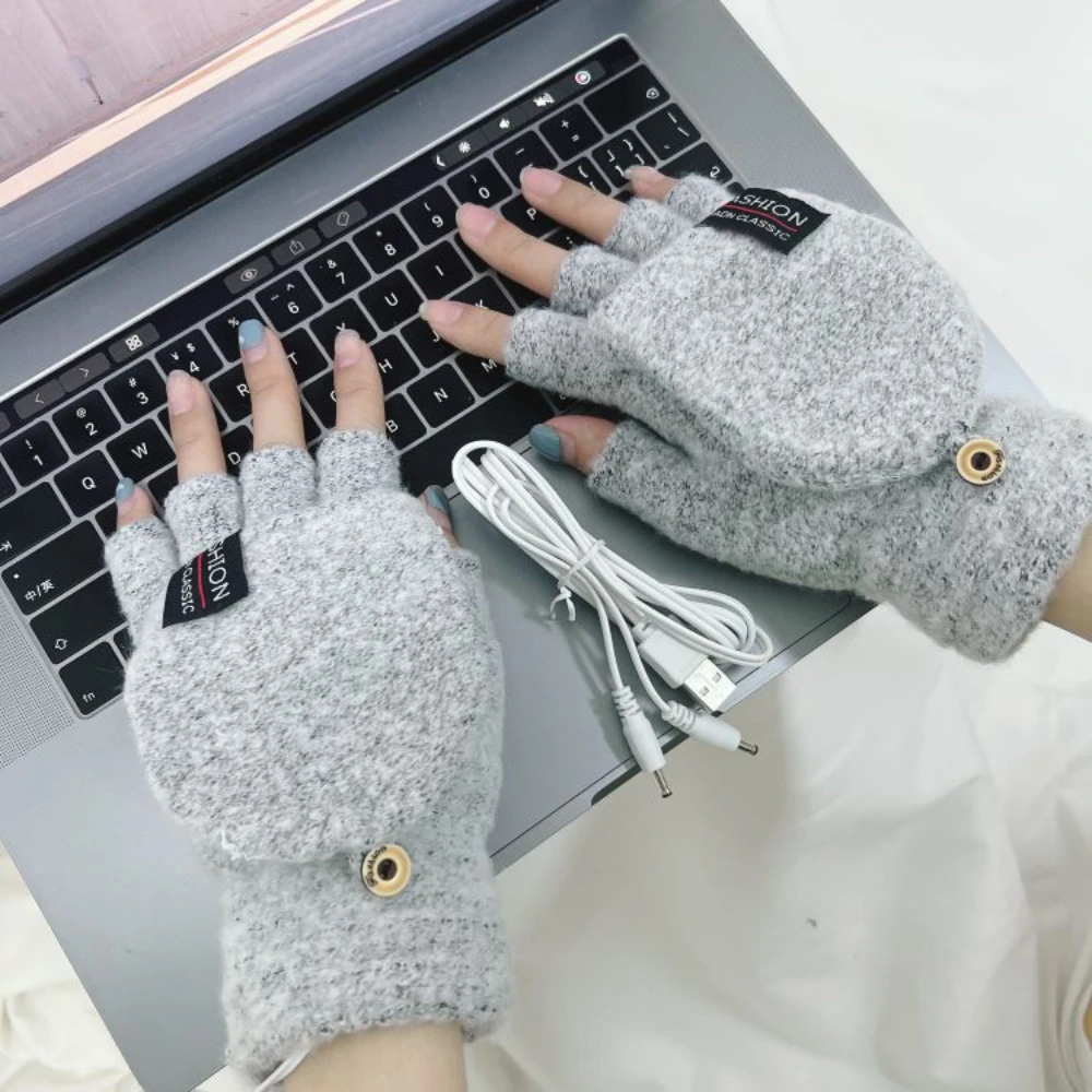 

USB Electric Heated Gloves Knitted Mittens 2-Side Heating Convertible Fingerless Glove Adjustable Heat Waterproof Cycling Skiing
