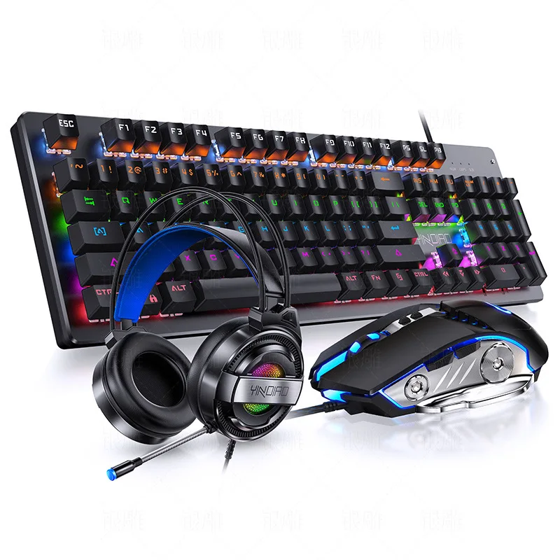 Mechanical Game Keyboard Mouse Headset Three-piece Set Retro Keycap Suspension Button 7-color Lighting 3200 DPI