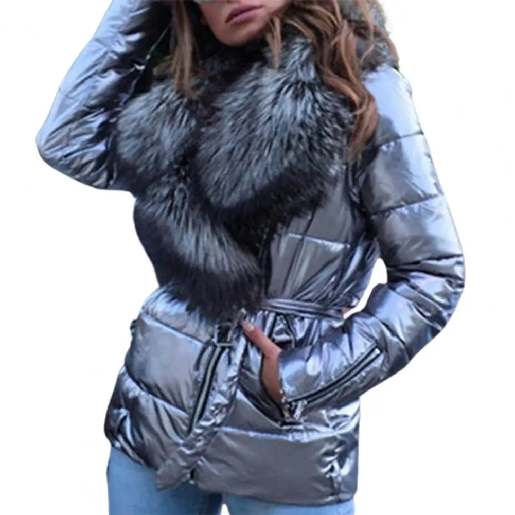 Women Plain Lapel Long Sleeve Belted Winter Parkas Bright Surface Ladies Faux Fur Collar Puffer Jacket