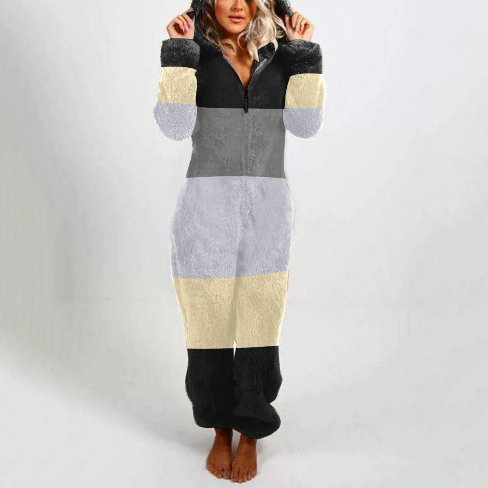 

Women Splicing Plush Onesies Pajamas Winter Fleece Thermal Zipper Ear Hooded Jumpsuit Sleepwear Female Casual Pajamas Homewear