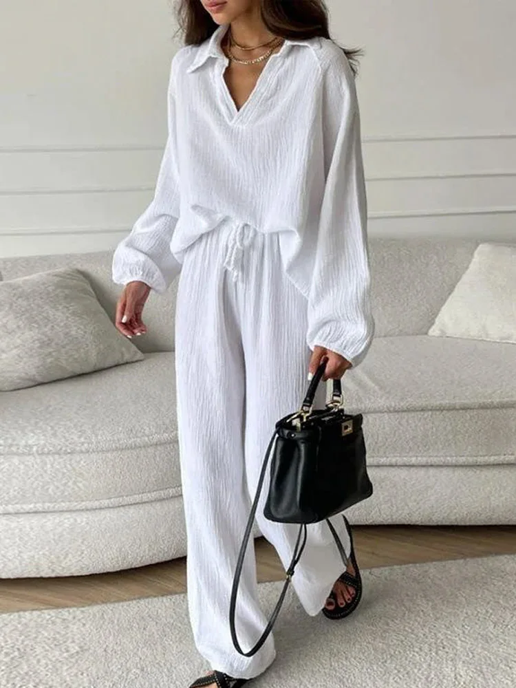 Женская Рубашка Из 2 Предметов С V-образным Вырезом И Длинными Рукавами Льняные