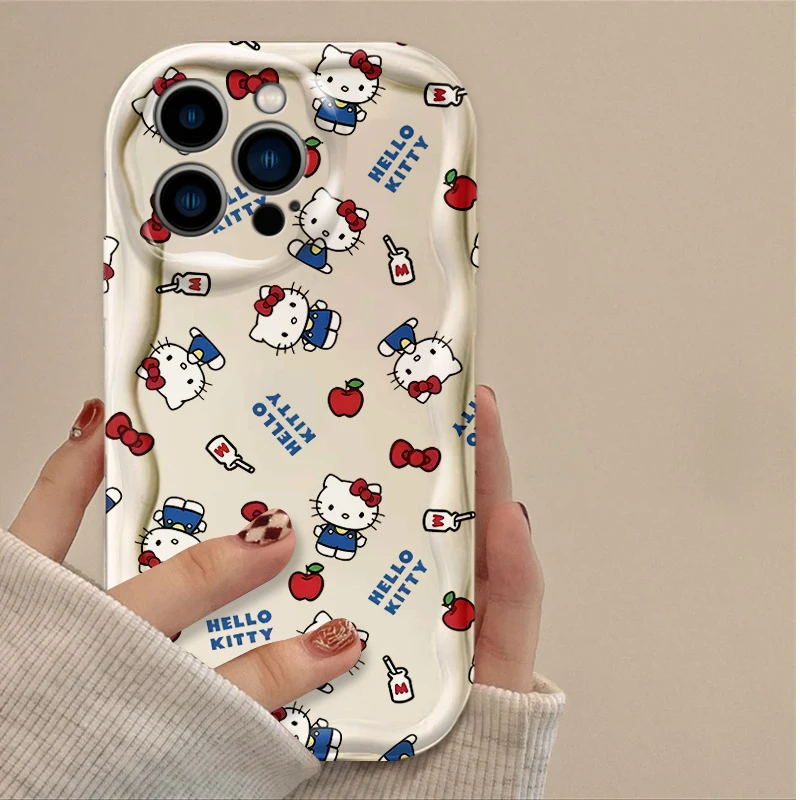 Cute Cartoon Hello Kitty 3D Wave Case For iPhone 16 15 14 13 12 11 Pro Max X XR XS 8 7 Plus SE 2020 Shockproof Silicone PC Cover
