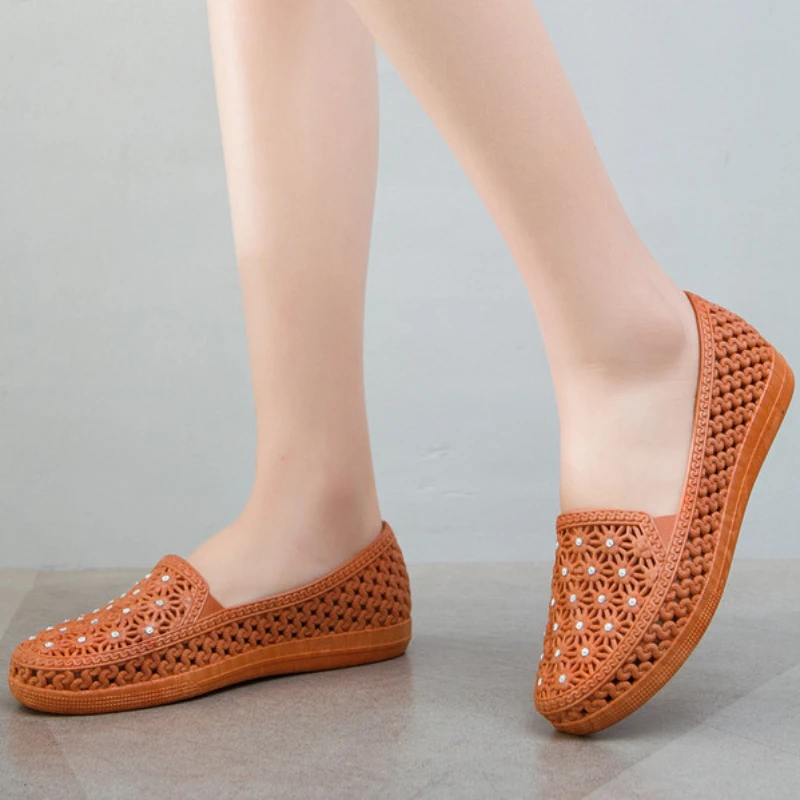 Женские туфли на плоской подошве летние дышащие открытые без шнуровки
