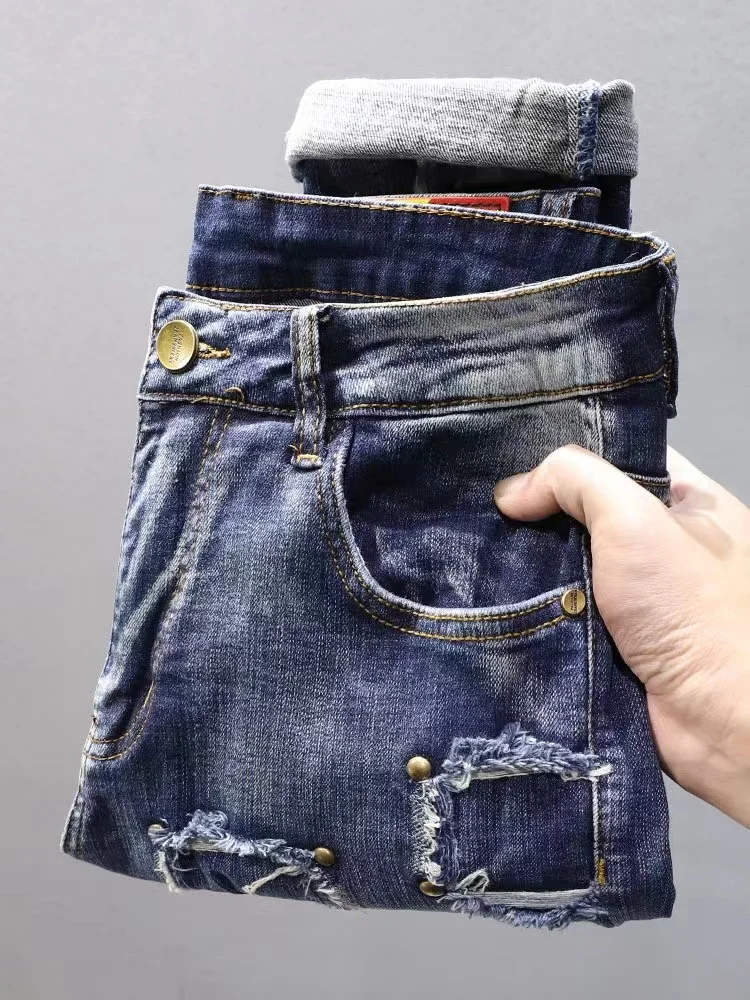 Four Seasons Metal Nailed Jeans for Men's Casual Slim Fit Cotton Elastic Scratched Holes Long Pencil Pants Tight High Street  24