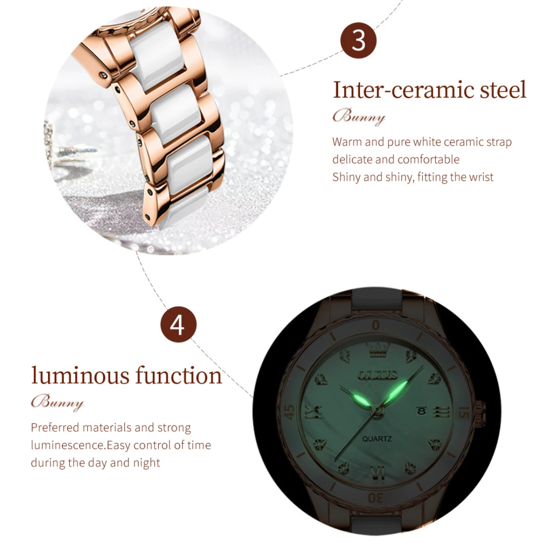 OLEVS 9985 Кварцевые модные часы в подарок Керамический ремешок для часов Наручные с