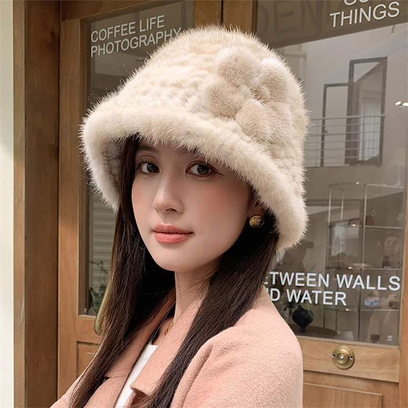 Winter New Mink Fur Bucket Hat Female Outdoor Warm Sun Hat Female Korean Mink Fur Woven Flower Fisherman Hat Girl Fashion Panama