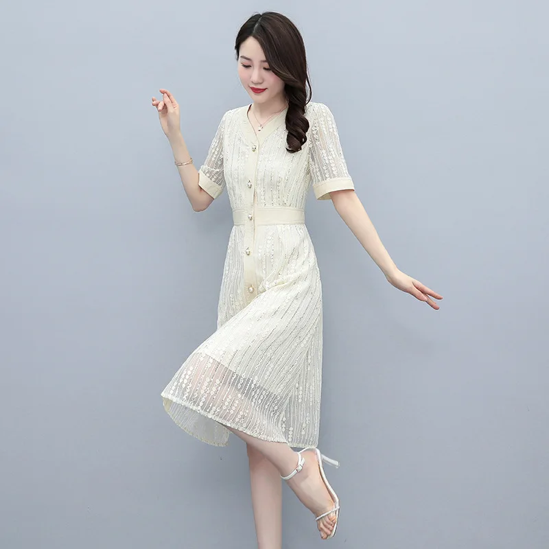 

Кружевное платье миди на лето и весну, новый модный дизайн, женское подиумное платье с высокой уличной талией, Элегантное повседневное платье для отдыха