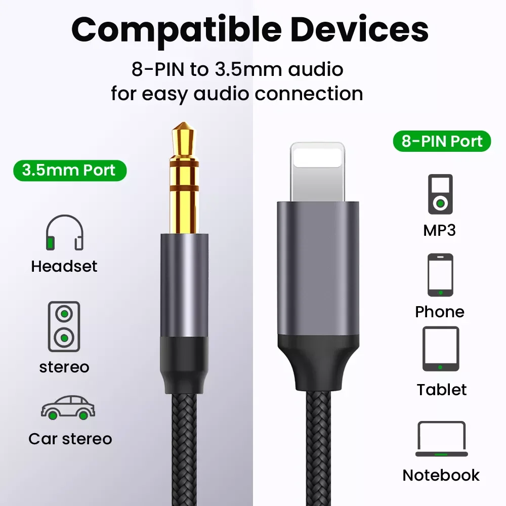 

For iPhone 13/12/11 8 Pin To 3.5mm Jack Cable Lighting To AUX Headphone Adapter Audio Extension Kable Connector Splitter