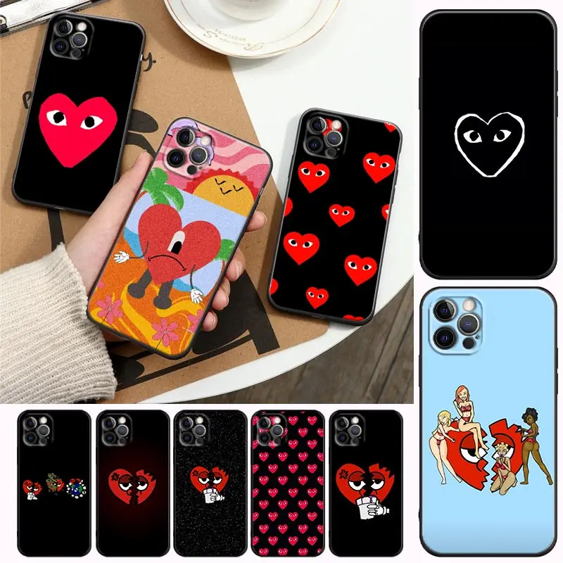 

Red PLAY Heart CDG Luxury Phone Case for Apple iPhone 13 12 11 8 7 SE XR XS Max 5 5s 6 6s Pro Plus Black Soft Silicone Case Capa