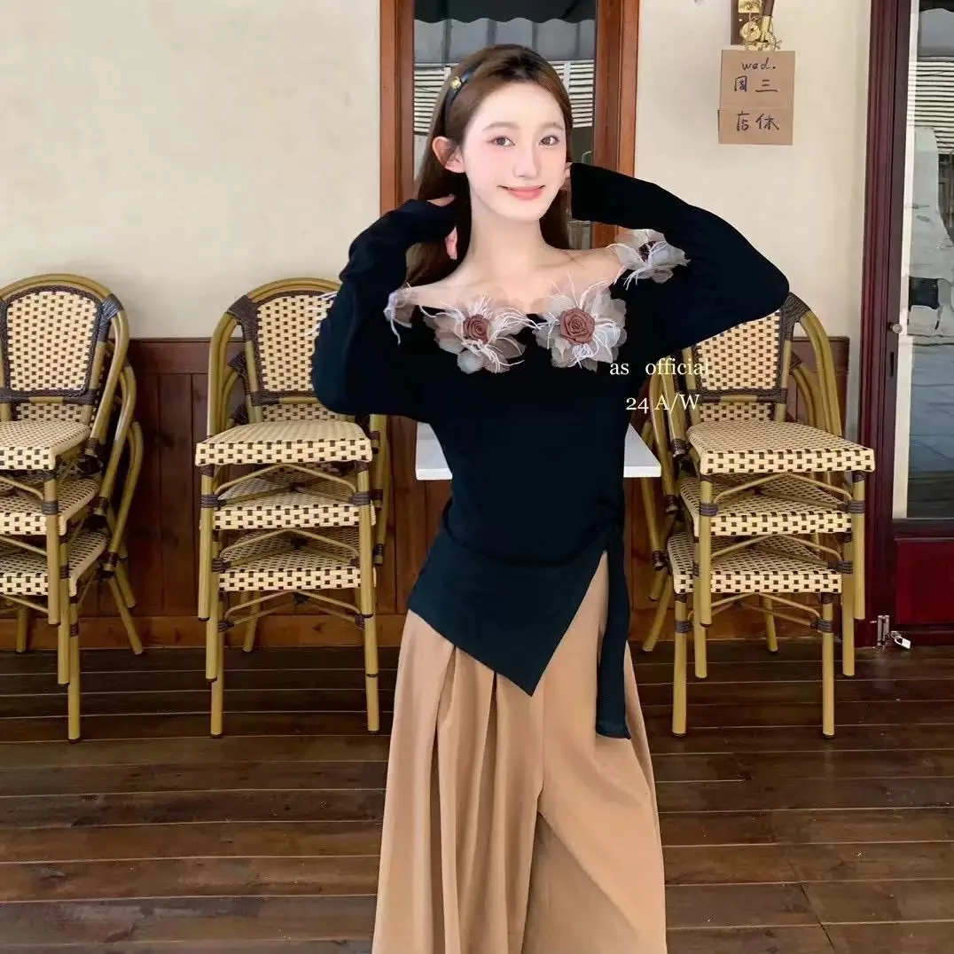 Корейские модные милые топы с разрезом осенне-зимние женские вечерние