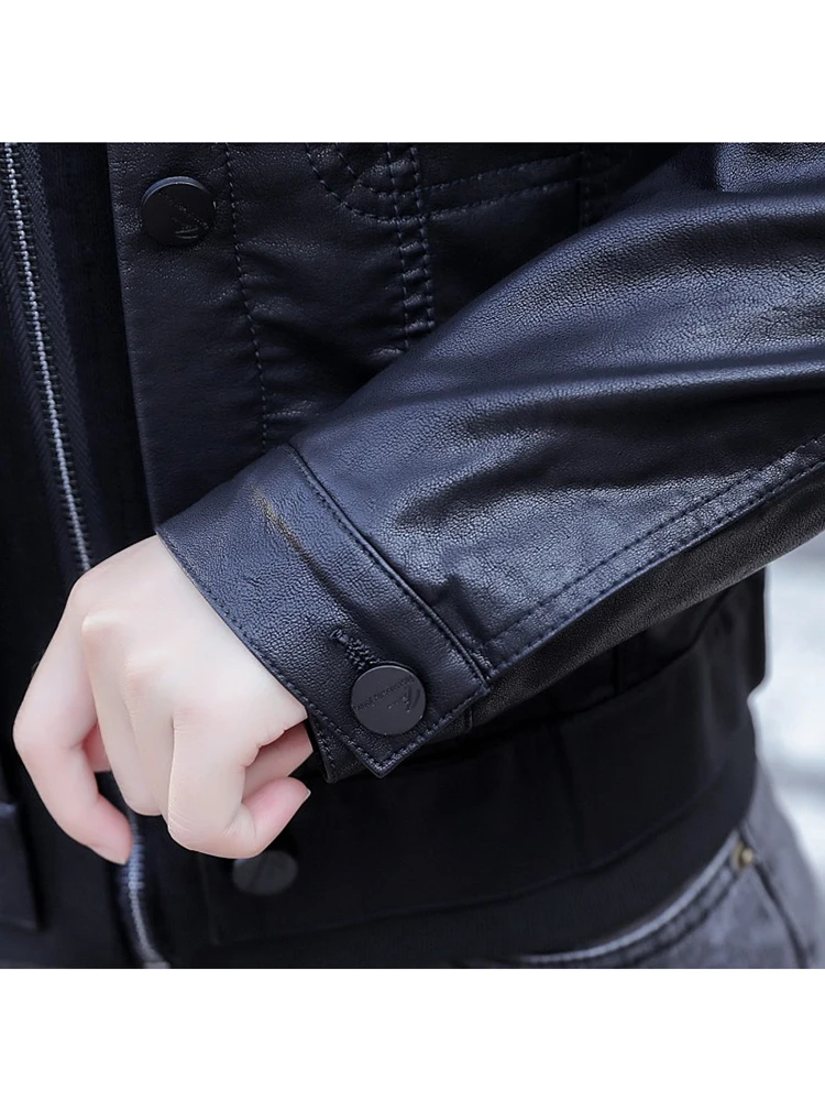 New Women Motorbiker Leather Jacket Casual Fashion Patchwork Hooded Long Sleeve Loose Short Split Leather Outerwear Female