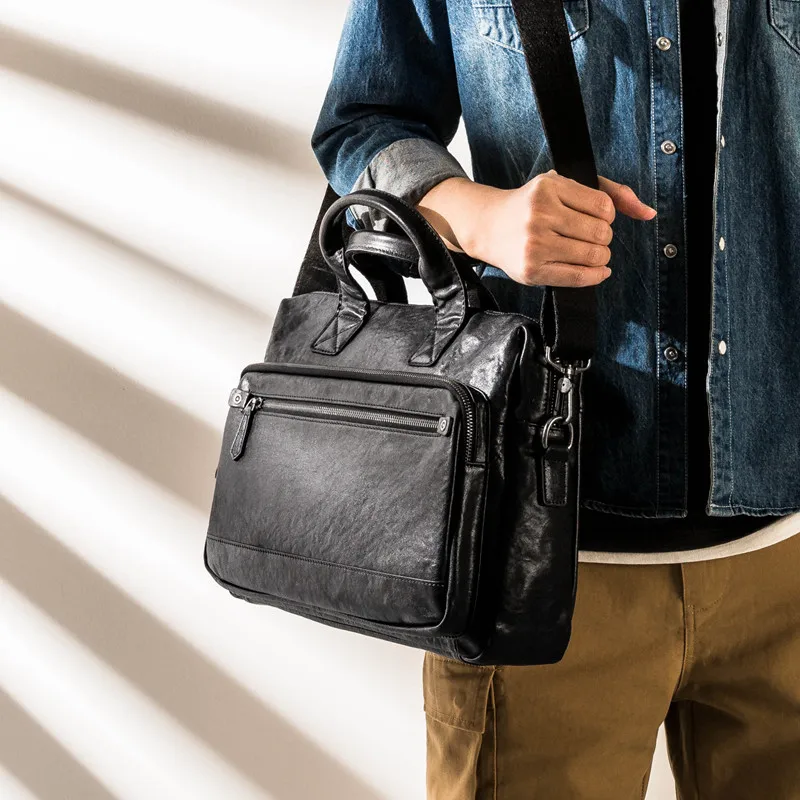 Retro fashion designer natural genuine leather men's black portable business briefcase office laptop ladies messenger bag