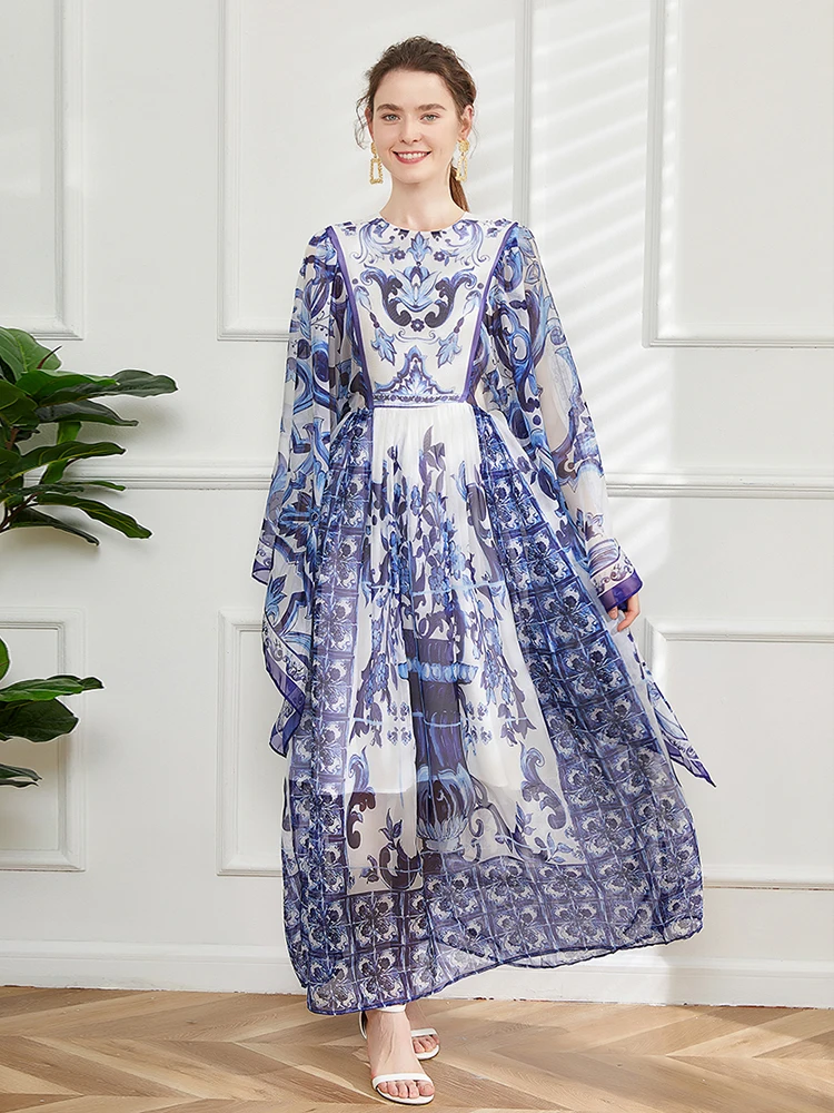High Quality Women Fashion Runway Dress Batwing Sleeve Blue And White Porcelain Print Loose Long Dresses A Line Frock