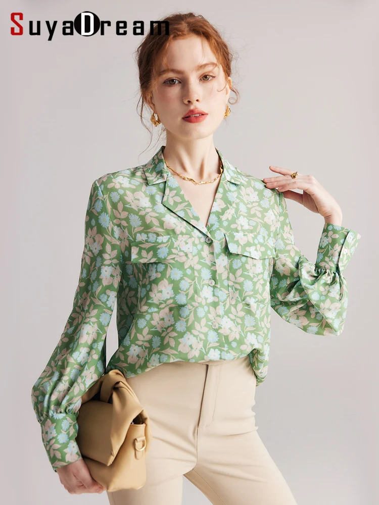SuyaDream Women Floral Shirts 100%Silk Crepe De Chine Single Breasted Green Chic Blouses 2023 Spring Summer Office Lady Top