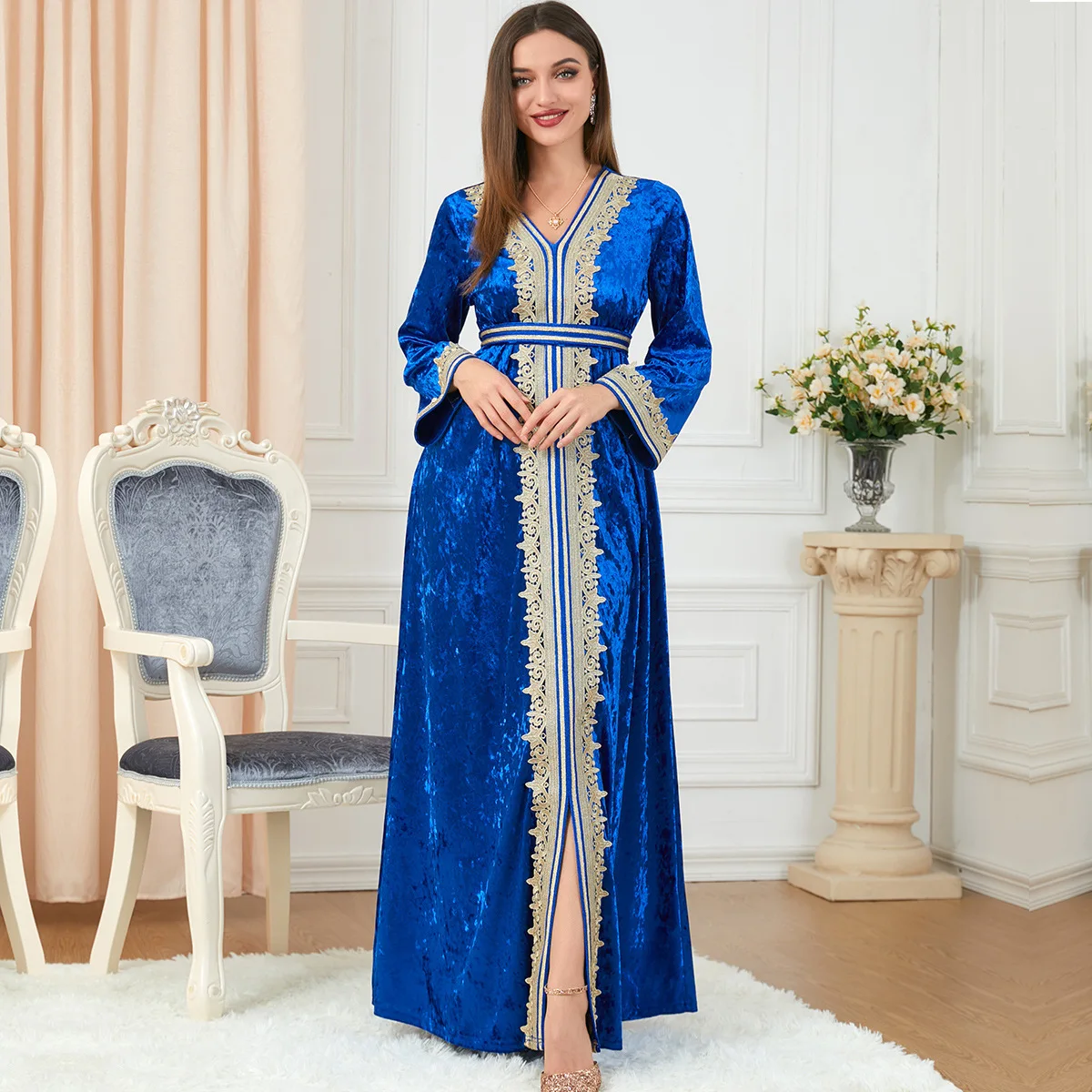 Women Spring and Summer Muslim Slit Embroidery Gold Velvet Dress Turkish Indian Abaya Arab Islamic Women Moroccan Kraftan Gown