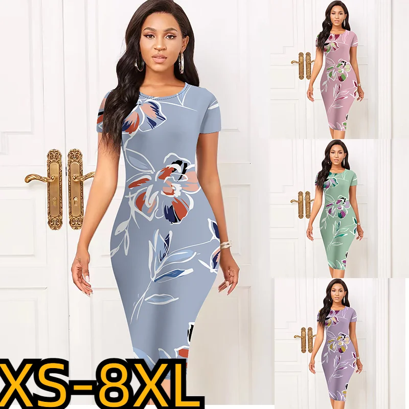 

Fashion New Design Printed Party Sexy Buttocks Wrapped Dress Women's Short Sleeved Round Neck Dress Summer Tight Fitting Dress