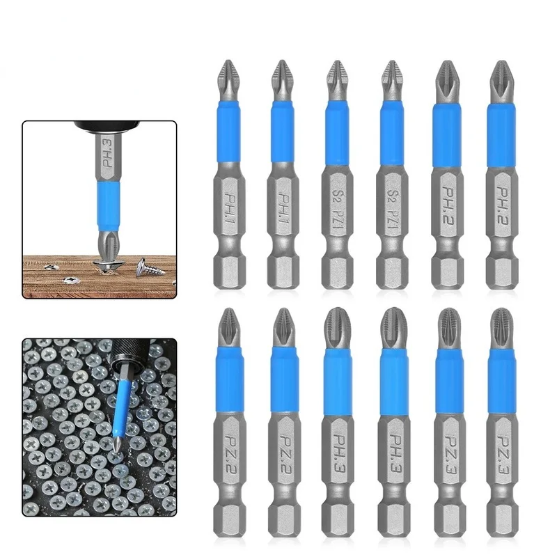 

6pcs Anti Non-slip Screwdriver Bit Set S2 Alloy Steel Screwdriver Magnetic Electric Impact 50mm PH1/PH2/PH3/PZ1/PZ2/PZ3