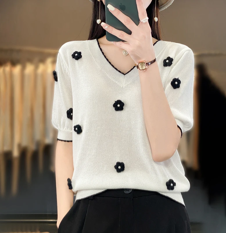 

Woman's Tops Fashion T-Shirt Short Sleeve V-Neck Tees Jumper Female Pullover Summer Thin Blouse Wool Mixed Textile Knitted Coats