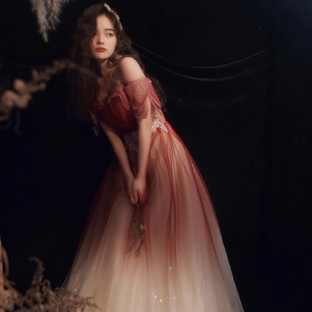 Burgundy 2022 new banquet temperament evening dresses thin shoulder evening dresses graduation dresses women young fashion