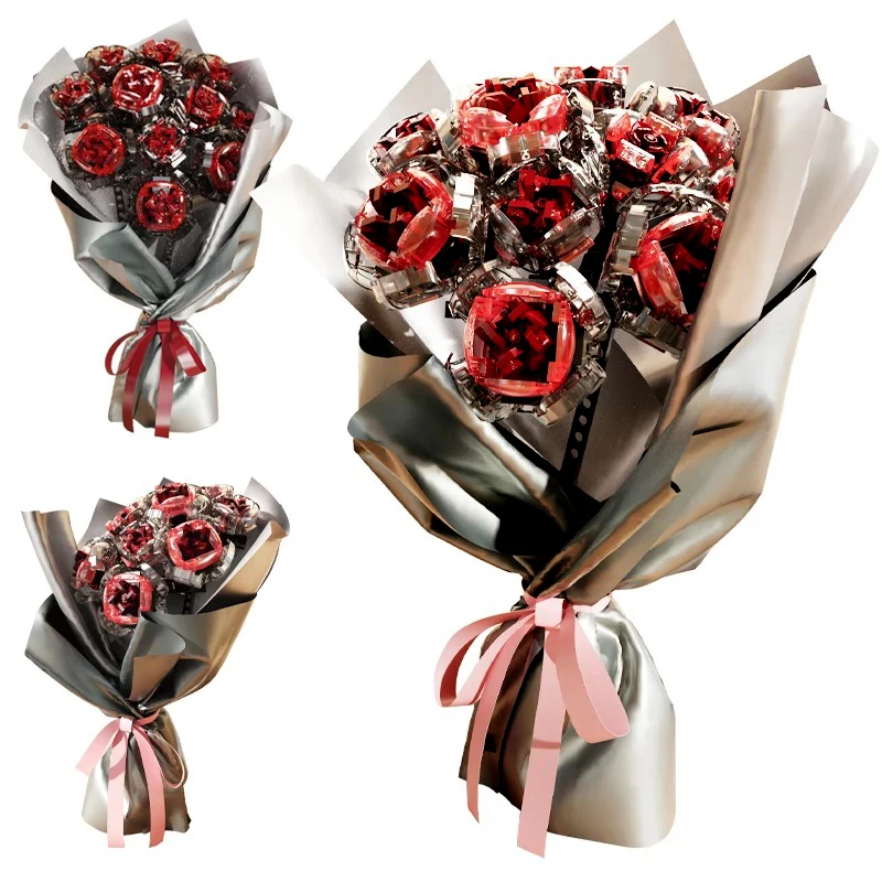 

Букет цветочных композиций, строительный блок, городское украшение для дома, букет красных роз на День святого Валентина, кирпичи, игрушки для девочек
