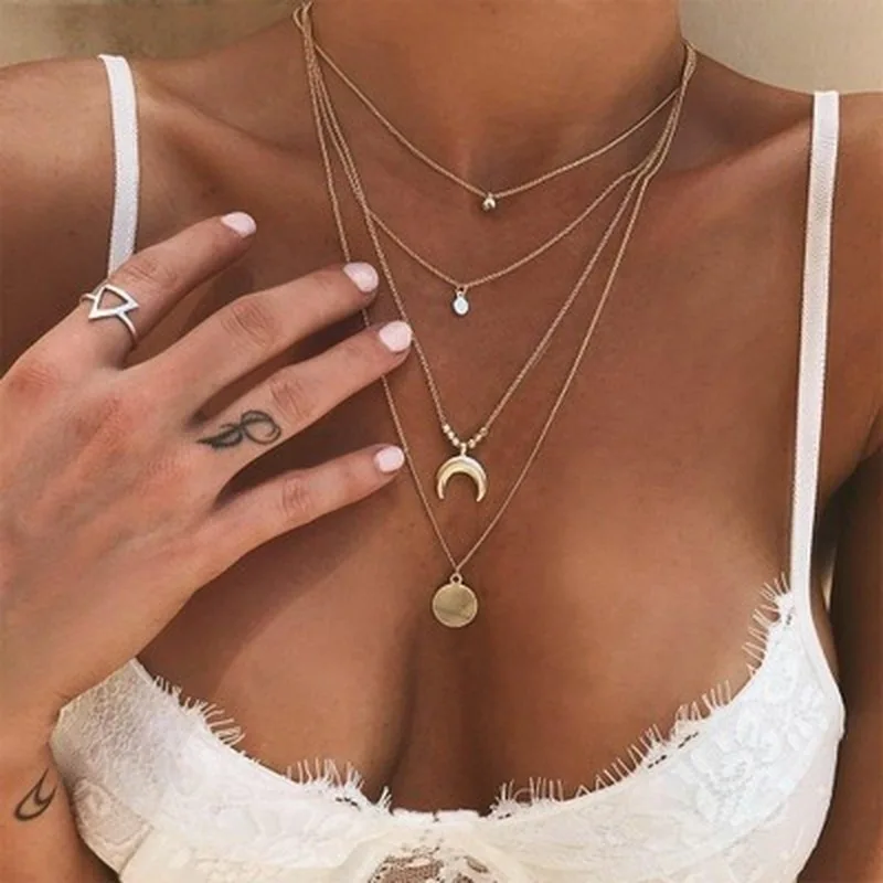 

LATS Gold color Choker Necklace for women Multilayer Long moon Tassel Pendant Chain Necklaces & Pendants chokers Fashion Jewelry