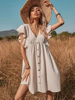 2022 european and american womens new fresh and sweet v neck single breasted large swing type all match pastoral style dress