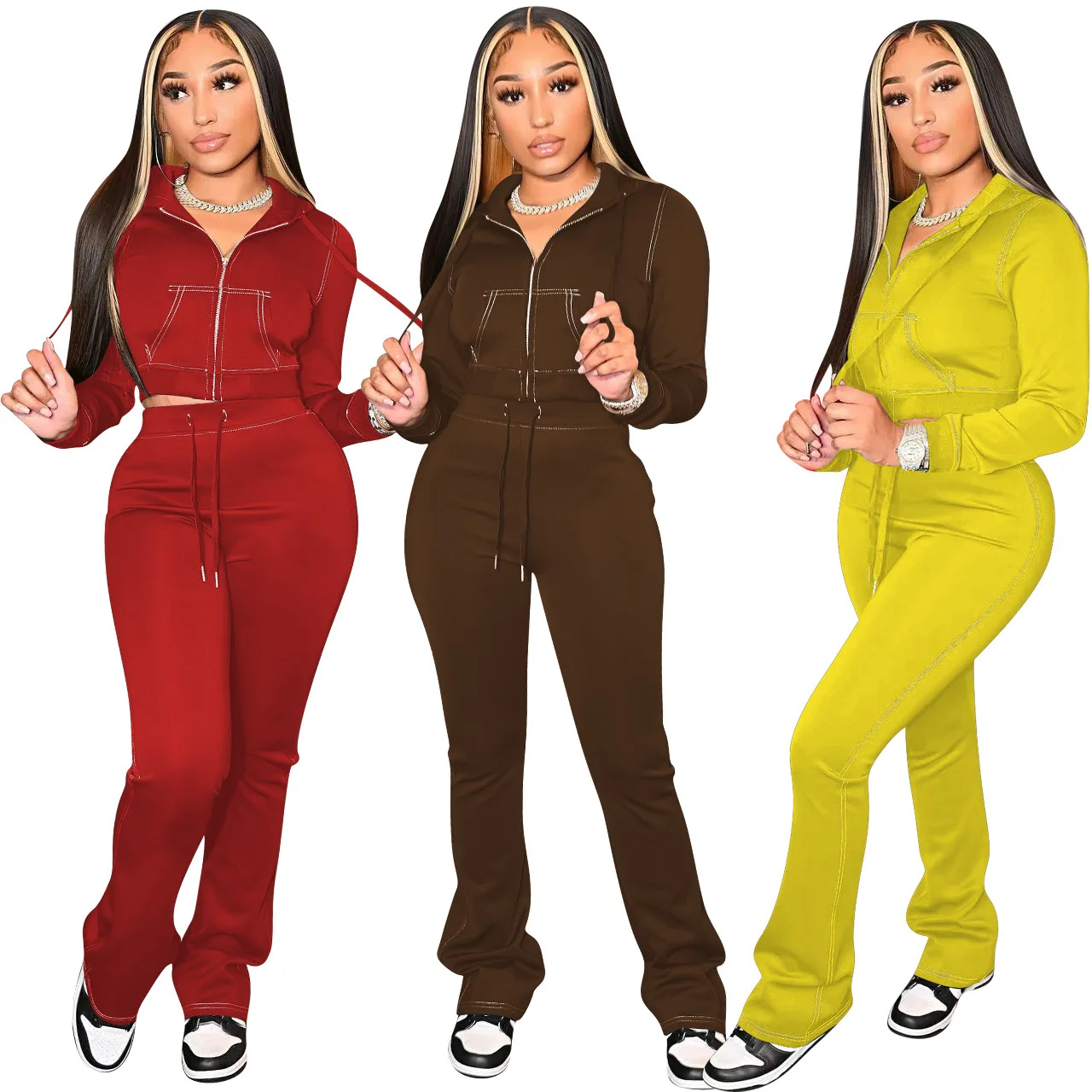 

Осенний спортивный костюм с капюшоном, спортивная одежда, женский укороченный топ на молнии с длинным рукавом и длинные расклешенные брюки,...