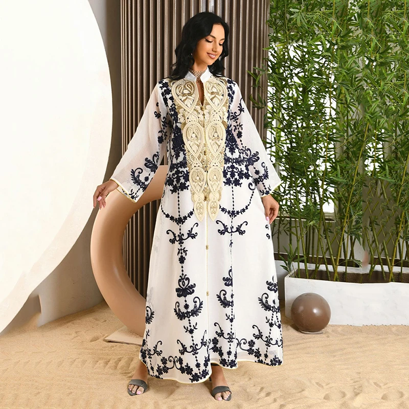 Women Flower Embroidery Long Sleeve Abaya 2022 Dubai Luxury Mesh Muslim Dress Evening Party Saudi Arabia Moroccan Abayas Turkey
