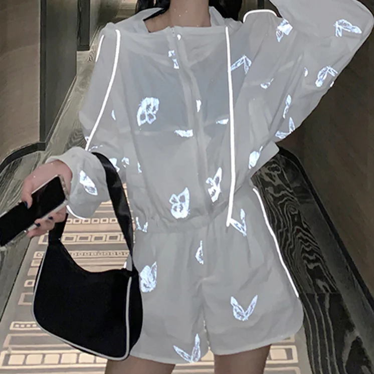 Butterfly Reflective Girl Sexy Streetwear Gothic Sportswear Women Summer Two Piece Sets Hooded Thin Loose Top and Short Pants
