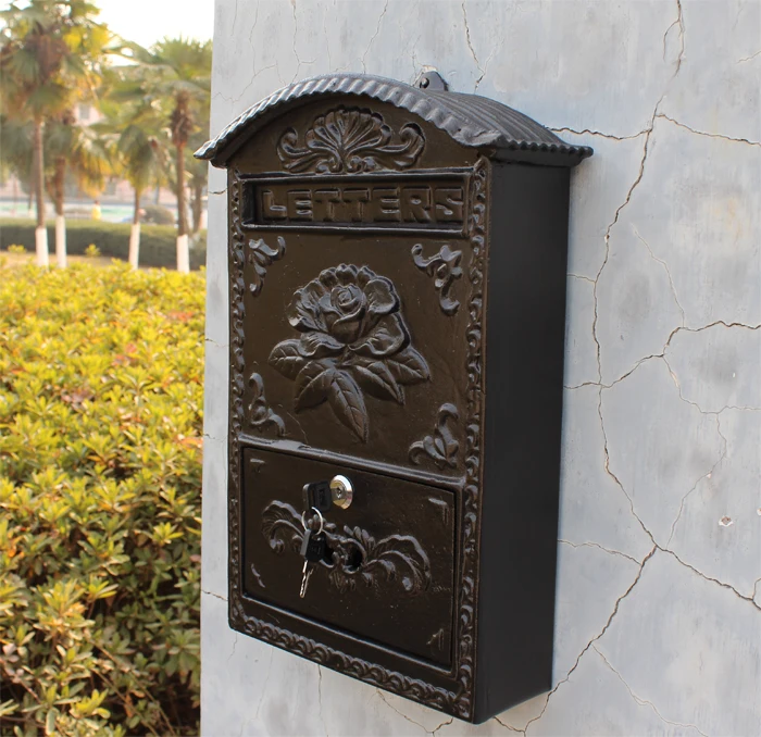 Cast Aluminum Flower Mailbox Embossed Trim Black Wall Mount Decorative Mail box Home Garden Metal Post Letters Box Postbox Lock