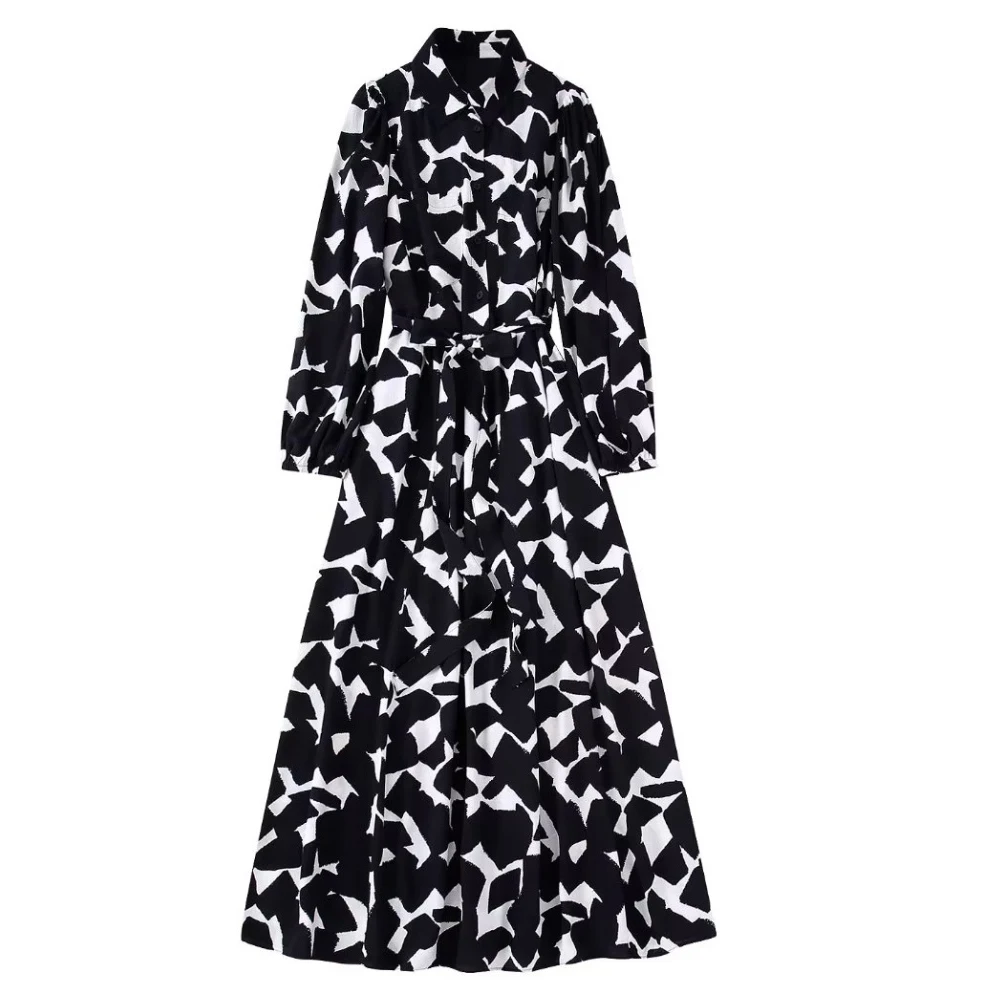 

2022 New Women Vintage Graffiti Print Casual Slim Sashes Midi Shirt Dress Female Chic Long Sleeve Business Vestidos