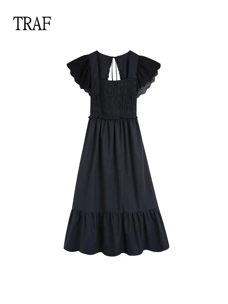 

TRAF Black Dress Women 2022 Vintage Backless Cutout Midi Dress Woman Short Sleeve Ruched Dresses Elegant Ladies Dresses Summer