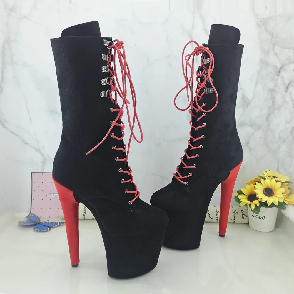Leecabe RED with Black Suede 20CM Pole dancing shoes High Heel platform Pole Dance boot