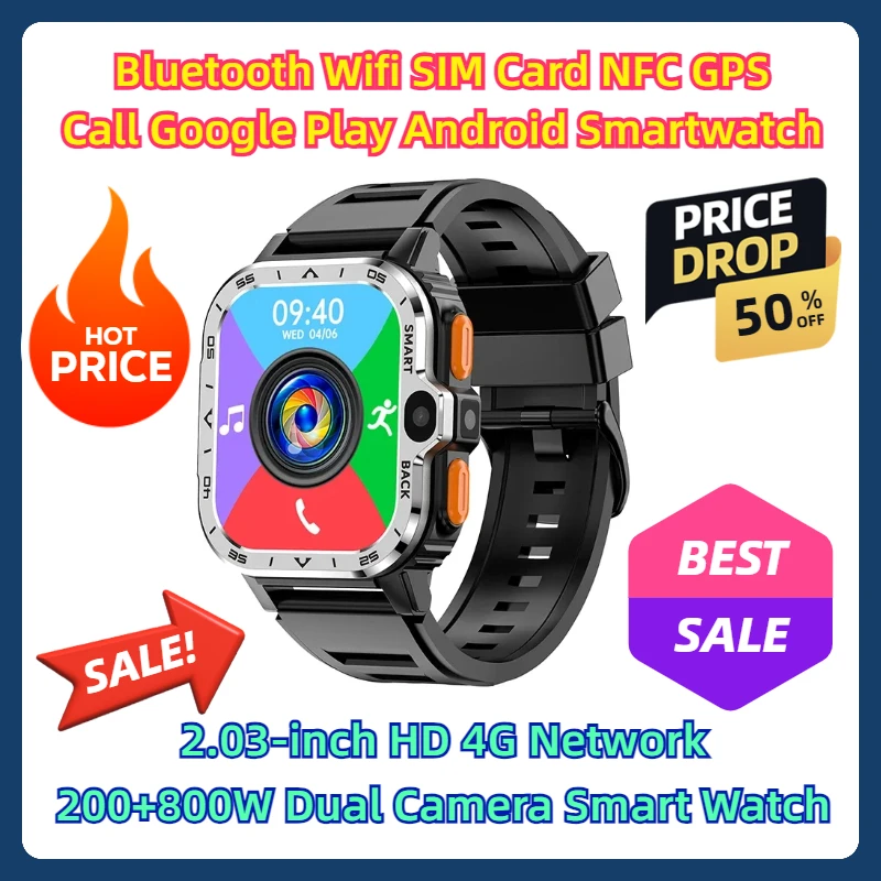 Bluetooth Wi-Fi SIM-карта NFC GPS-вызов Google Play Android Smartwatch 2 03 дюйма HD 4G Сеть 200 + 800 Вт Двойная