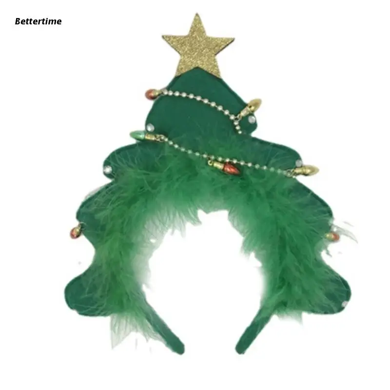 

B36D Plush Christmas Tree Headbands Feather Xmas Tree Hairband Holiday Photo Props