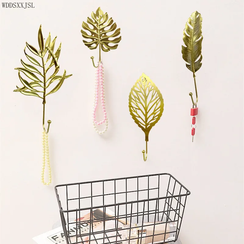 

WDDSXXJSL gold leaf key hook home storage wall-mounted punch-free kitchen living room bathroom metal towel hook single hook