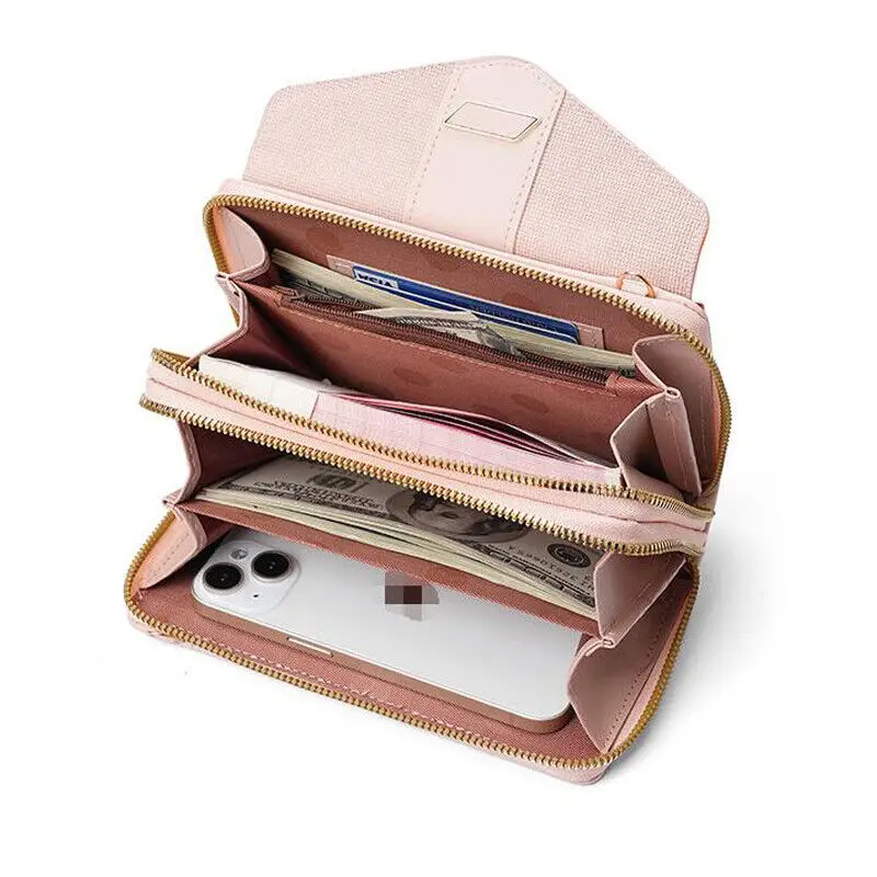 Simple Versatile Multi Card Double Layer Zipper Single Shoulder Crossbody Women'S Bag Pu Leather Wallet Mobile Phone Handbag