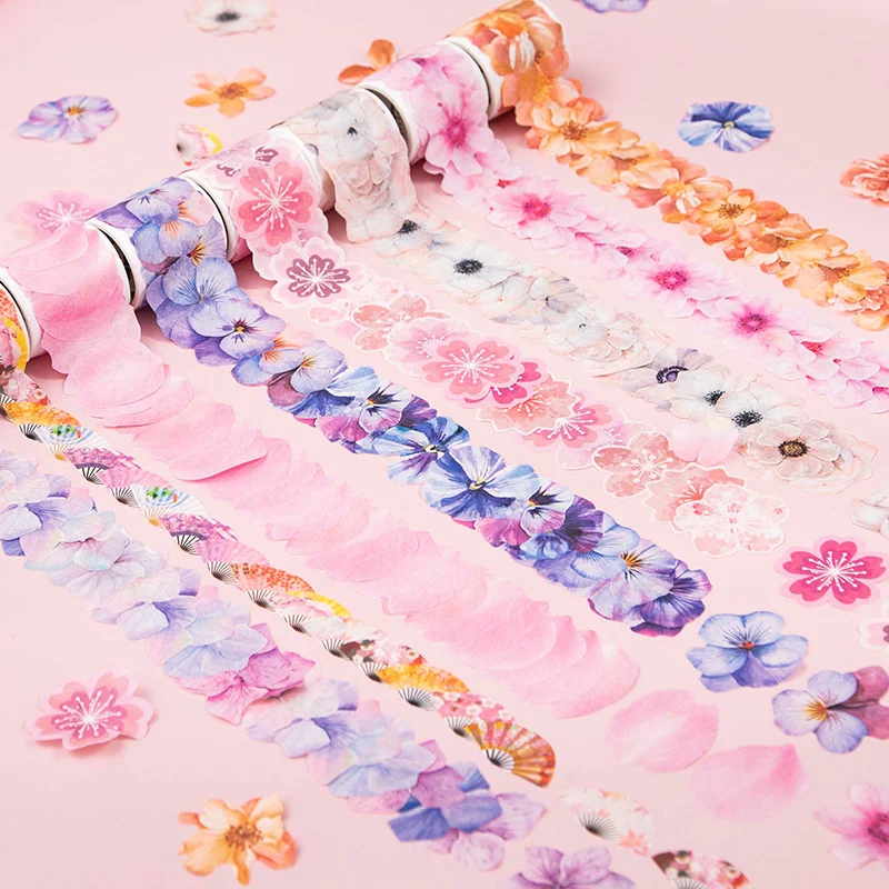 

1 roll/box Tape Scrapbook fantasy flowers cherry blossoms camellias peonies fan collage hand account decoration 8 models
