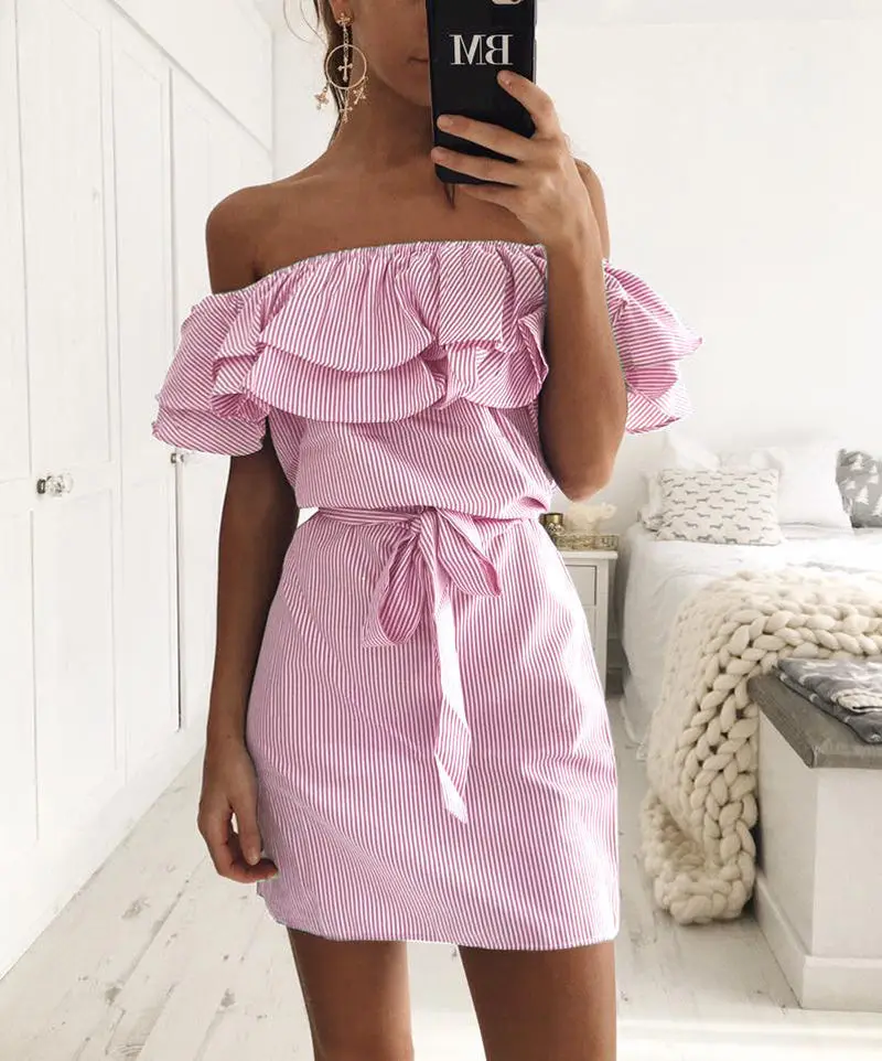 

Woman Dress 2023 Summer fashion new Low-Cost Mileage AliExpress Off-the-Shoulder Striped A Spot Dresses for Women Vestidos