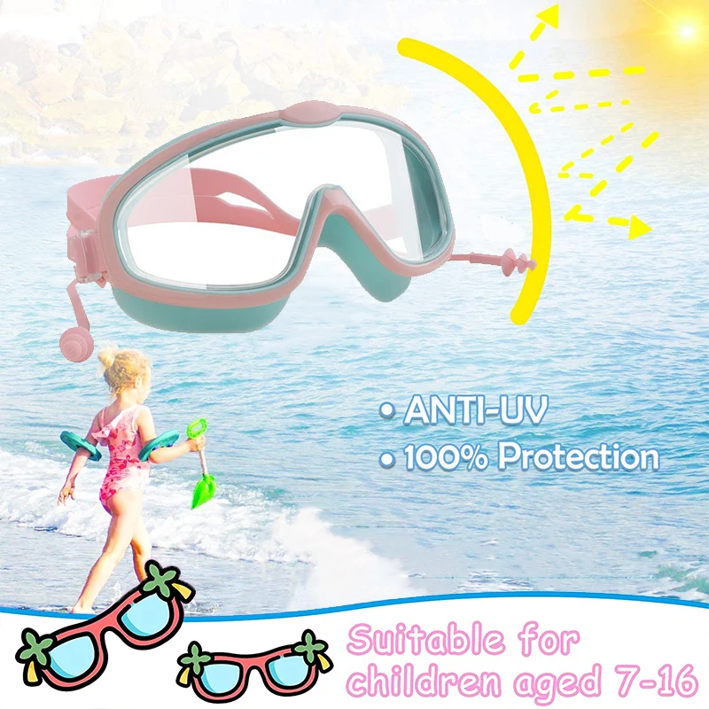 

Swimming Goggles with One-piece Earplugs Silicone Waterproof Anti-fog No-leak UV Protection Wide View Large Frame for Age 7-16