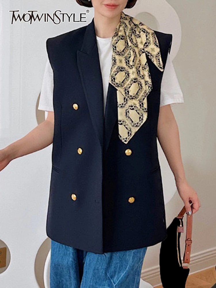 

TWOTWINSTYLE Patchwork Silk Scarf Blazer For Women Notched Collar Sleeveless Spliced Button Blazers Female Fashion Clothing 2023