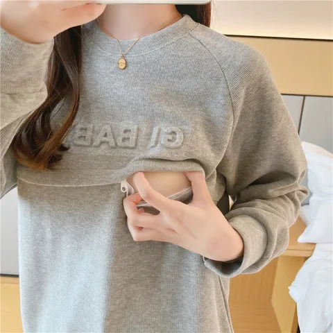 2022 Fall  Style Horizontal Open Zipper Nursing Sweatshirt Polyester Solid Color Autumn Pregnant Women Clothes  9239