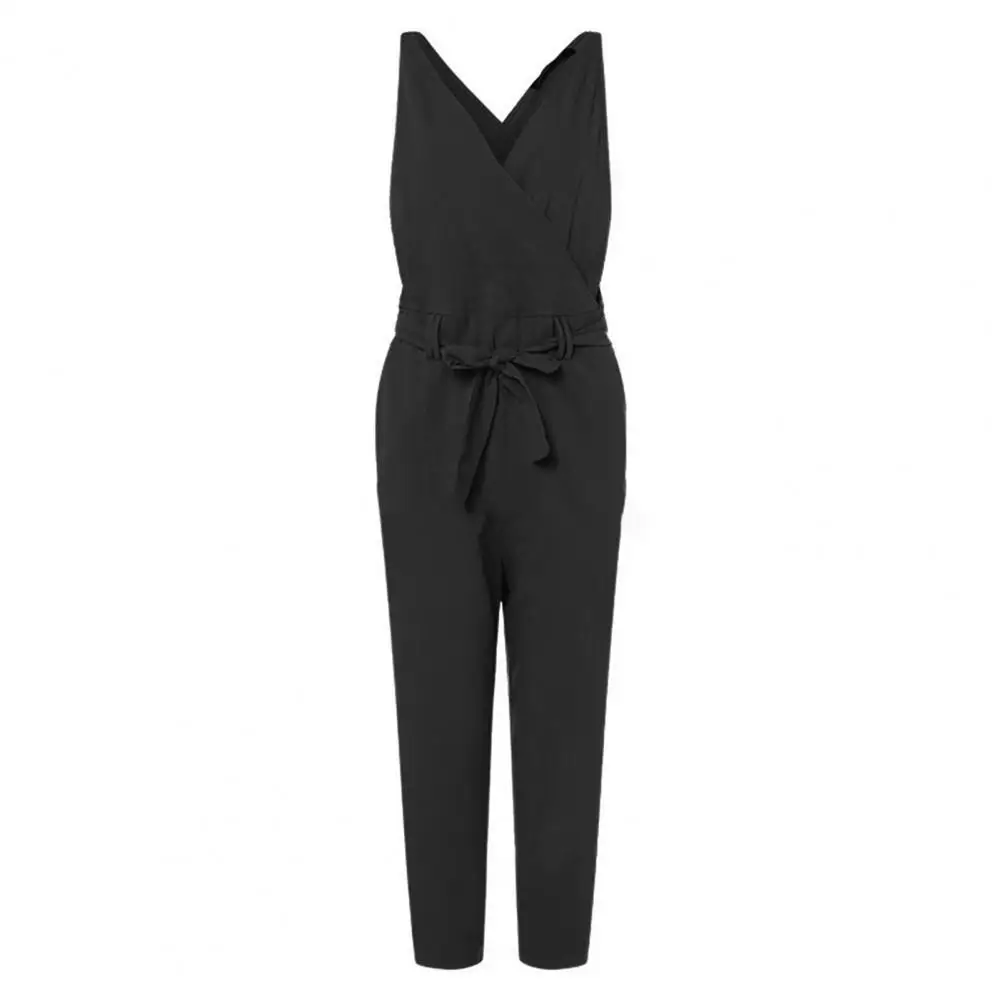 

Lady Jumpsuit Solid Color Loose Sleeveless Deep V Neck Lace-up Jumpsuit Summer Romper Female Clothes комбинезон женский лето