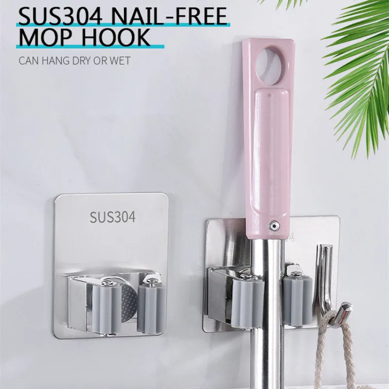 

Punch-free Stainless Steel Wall Hanging Mop Clip Mop Holder Multifunction Storage Hook Bathroom Accessories