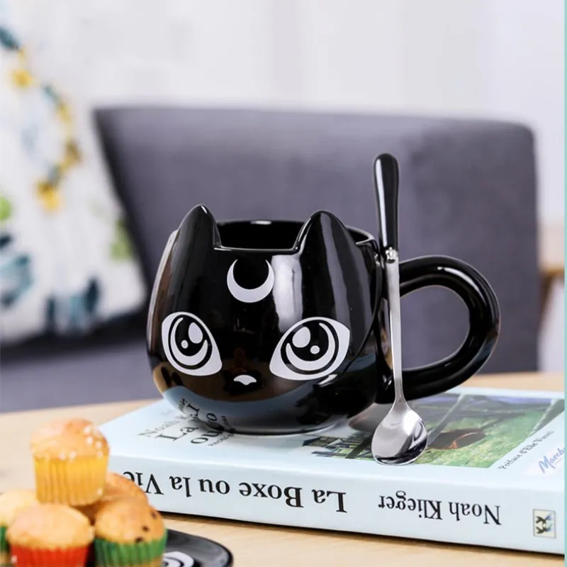 

Cute Cartoon Cat Mug Breakfast Couple's Bone China Bottle with Cat Plate Spoon Crescent Cat with Big Eyes Cute Expression Cup