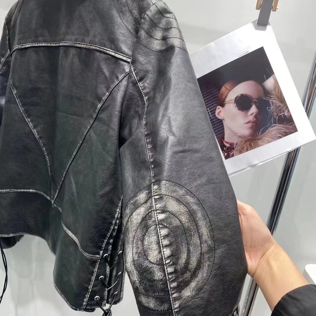 23AW NEW Fashion Women's Vintage Loose Faux Leather Outdoor Motorcycle Black Zipper Laper Jacket PU Imitation Leather Loose Coat